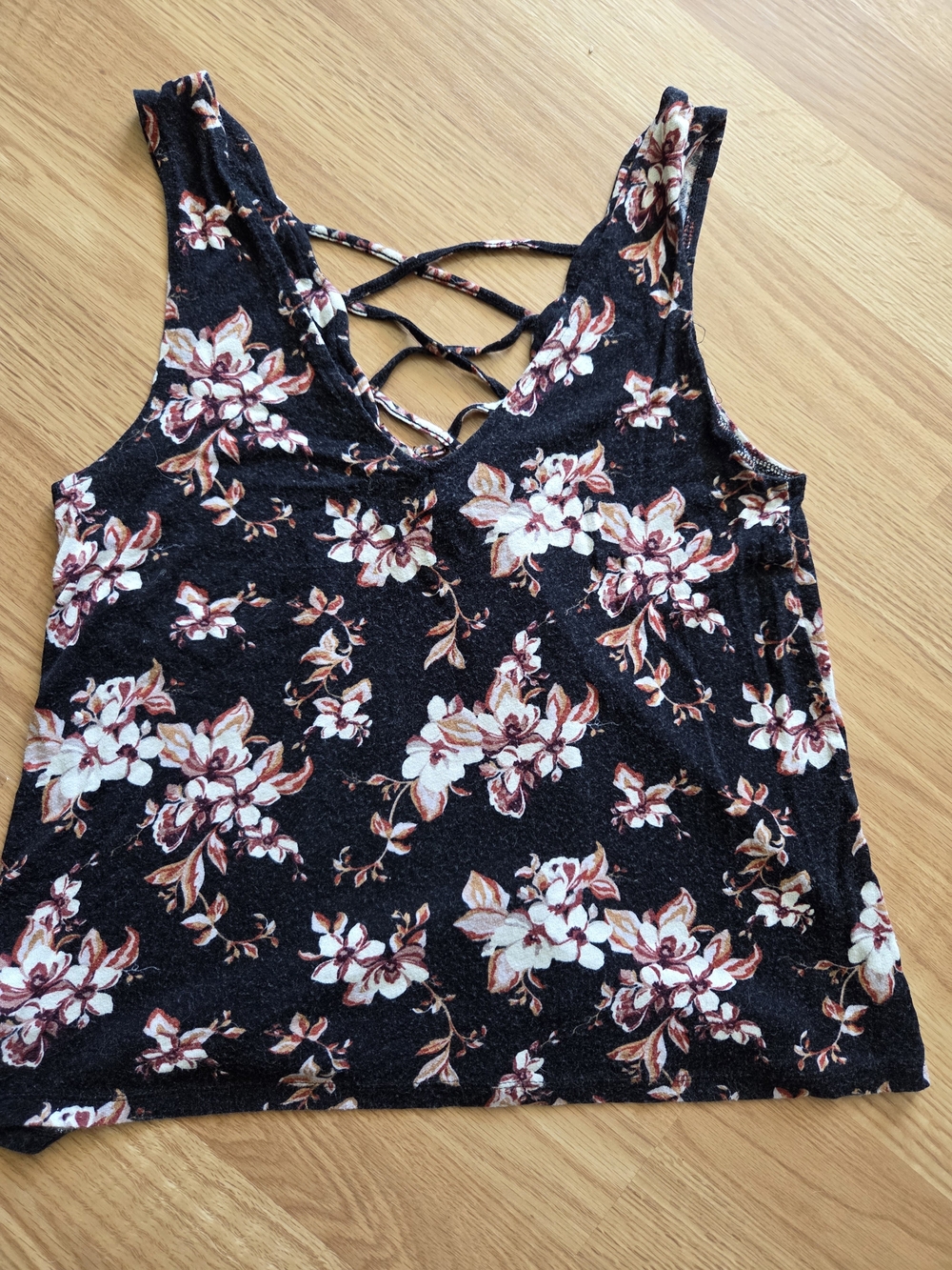 Floral Crisscross Back Tank Top — Black with Cream & Tan Flowers